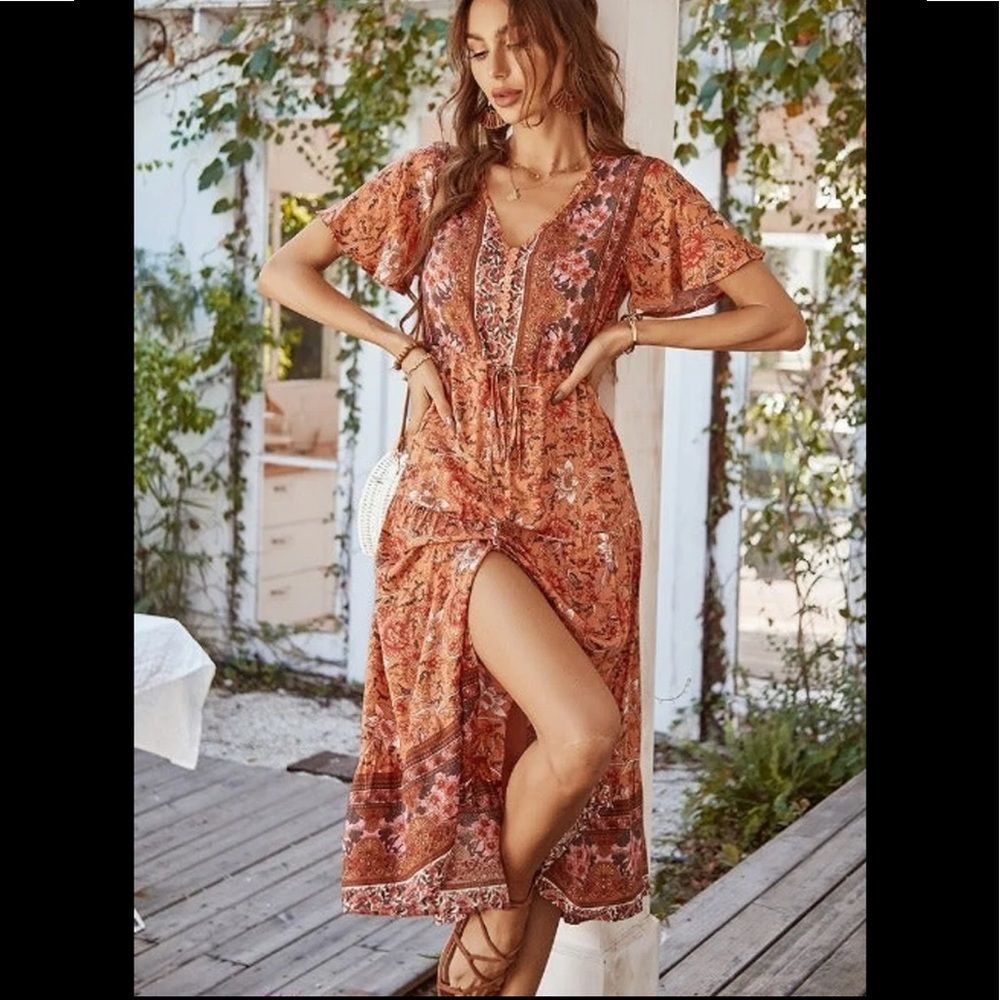 Bohemian Orange Flutter Sleeve Side Slit Floral Drawstring Waist V Neck Dress